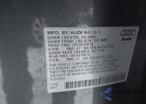 2012 Audi Q7 3.0T Premium from USA, damaged, VIN WA1LGAFE1CD010464
